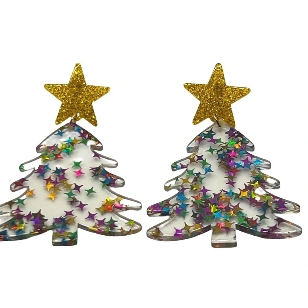 Clear Acrylic Christmas Tree Dangle Earrings Multicolored Stars Festive Jewelry